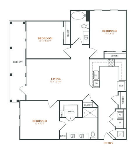 Floor plan for 3 beds, 2 baths, 1420 sqft